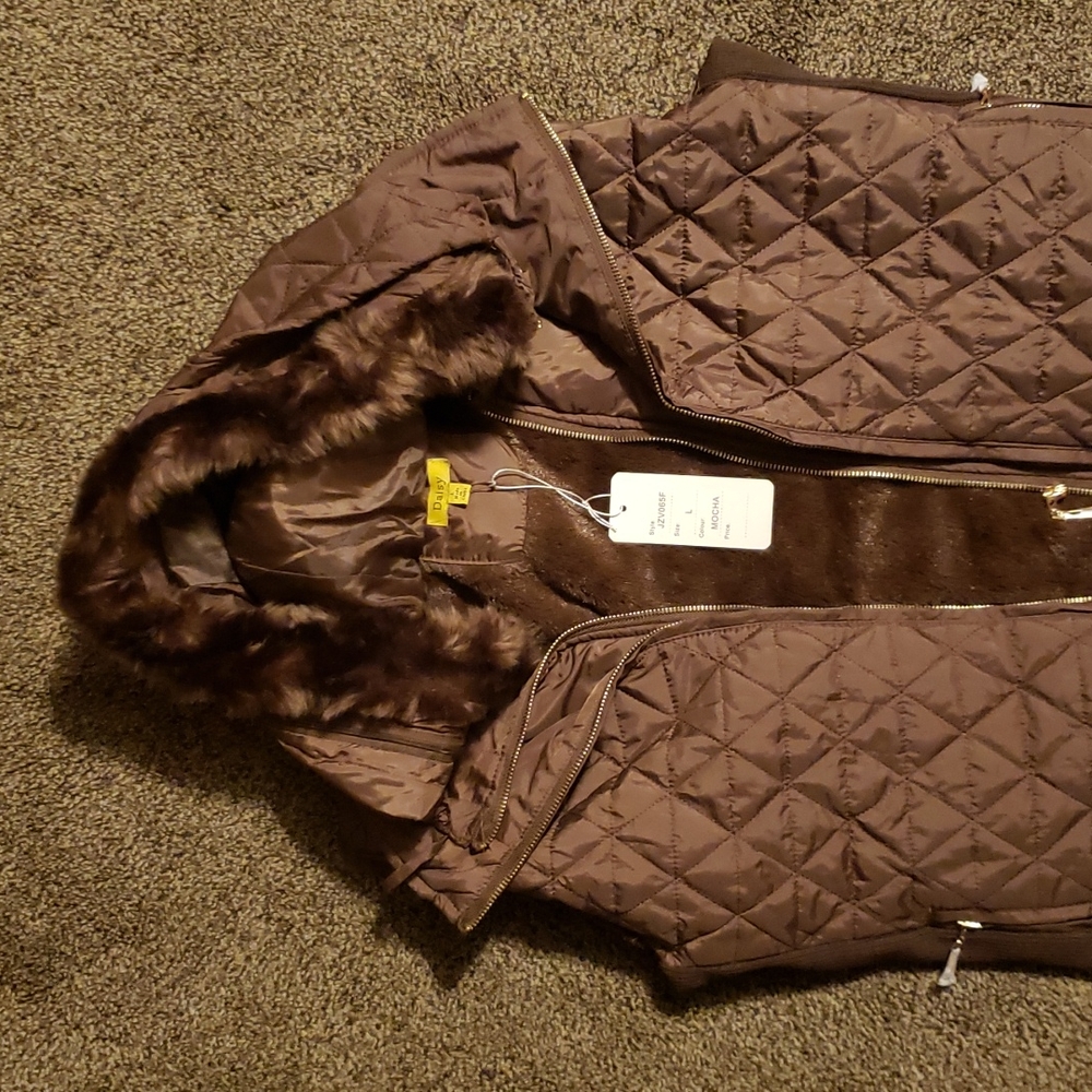 NWT Mocha Fur Lined Vest with Hood